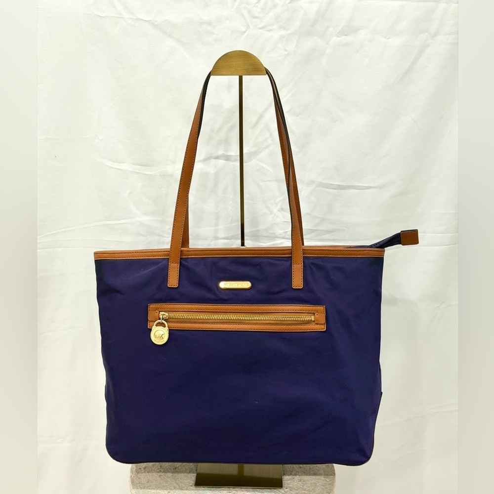 Michael Kors Kempton Purple Nylon Tote Brown Leather Trim Top Zip Pre-Owned